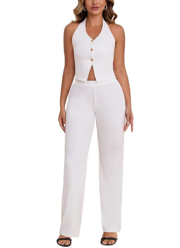 61MVDfmXybL.jpg Two Piece Sets for Women Summer V Neck Button Down Sleeveless Halter Vest Tops Wide Leg Pants Sets Matching Sets