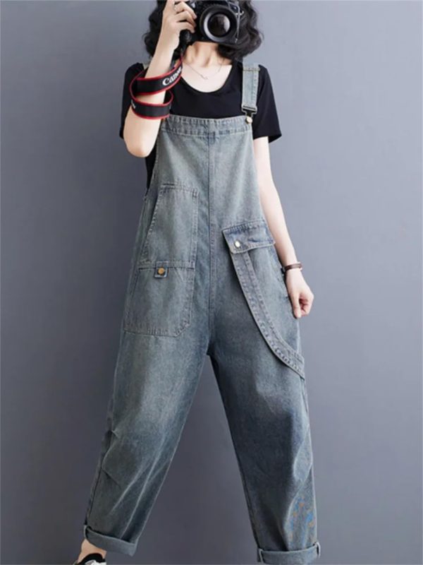 61MY-WBHLOL.jpg Womens Blue Vintage Big Pockets Streetwear Overalls Long Jumpsuit Loose Rompers Denim Jumpsuits