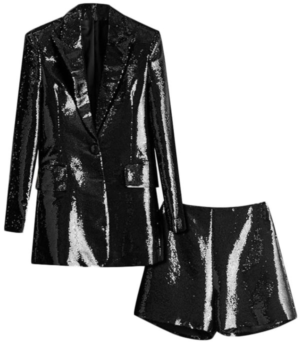 61MZFwgh-IL.jpg Sequin Blazer and Short Set for Women 2 PC Slim Fit Notch Lapel Prom Party Suit Women's Glitter Suit
