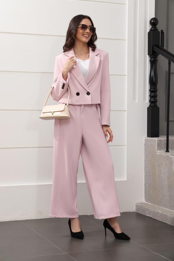 61NCYn2k45L.jpg Women's Suit 2 Piece Casual Outfits Cropped Blazer High Waisted Wide Leg Pants for Work