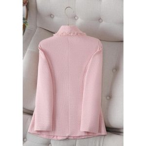 Women's Long Sleeve Suit Jacket Double Breasted Tweed Blue White Blazer Coat Business Casual Work Outerwears