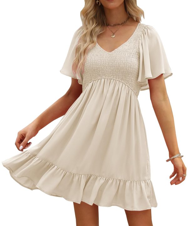 61NhjubKgL.jpg Women's Flowy Casual Mini Dresses 2025 Summer Graduation Smocked V Neck Vacation Dress Dress with Pockets