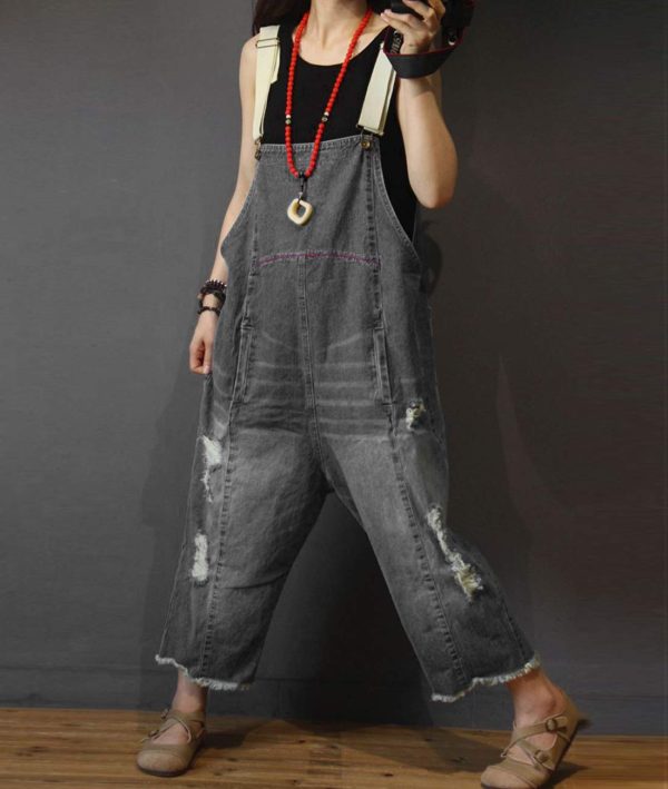 61OHhAbnj9L.jpg Women Casual Loose Cropped Denim Jumpsuits Rompers Jeans Overalls Distressed Ripped Fringed/Pockets P49