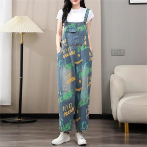 Women Printed Denim Overalls Sleeveless Wide Leg Denim Jumpsuits Loose Vintage Jumpsuits