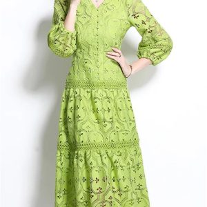 Women Summer Hollow Out Lace Dress Streetwear Long Sleeve Office Party Dress