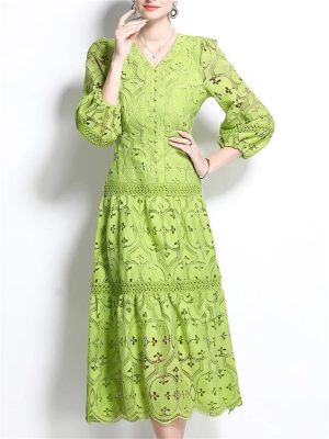 Women Summer Hollow Out Lace Dress Streetwear Long Sleeve Office Party Dress