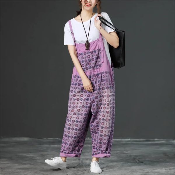 61PBsMzOpXL.jpg Women Vintage Printed Jumpsuits Loose Washed Denim Overalls Print Simple Rompers Pants