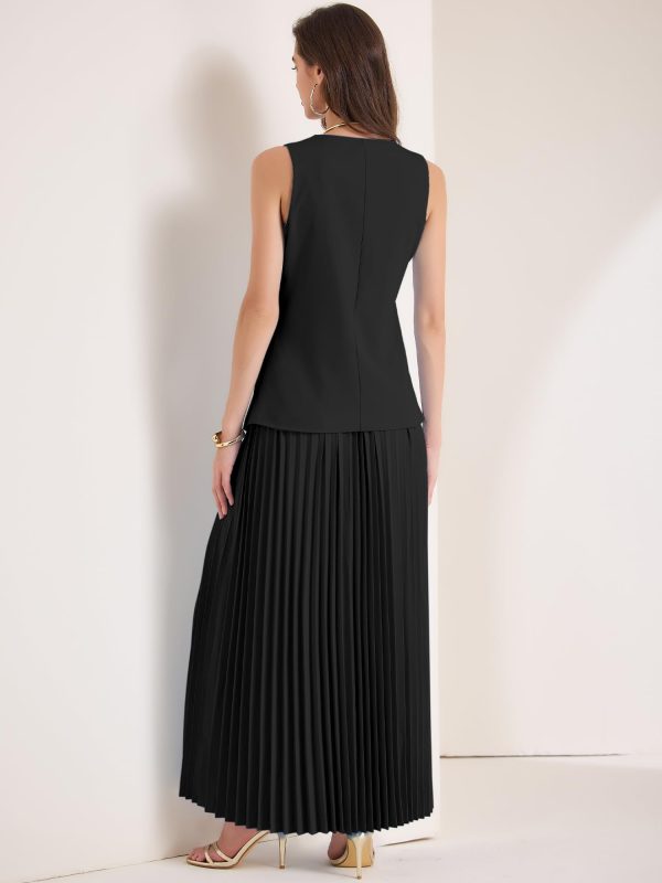 61PPZCLJpYL.jpg Women's 2 Piece Summer Outfits V Neck Sleeveless Button Vest Maxi Pleated Skirts Set
