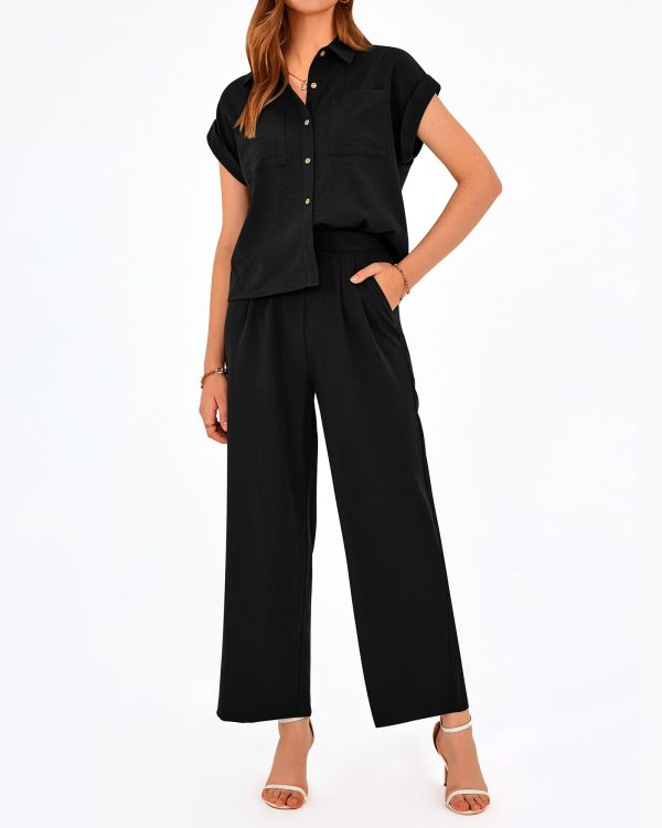 61PV1pg-X9L.jpg Womens 2 Piece sets Summer Cap Sleeve Tops Palazzo Pants Dressy Casual Vacation Travel Outfits Tracksuits