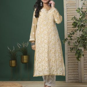 Hand Embroidered Indian Chikankari Georgette Kurti Kurta with Slip for Women A90397