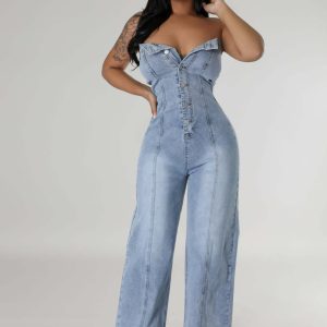 Womens Denim Jumpsuits Button Sleeveless Tube Top Wide Leg Jeans Summer Going Out Jumpsuits