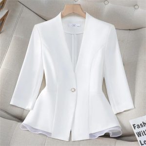 Women Elegant Black White Blazer Ruffle Slim Fit Half Sleeve Formal Office Top Work Jacket