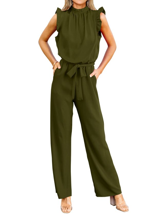 61RoeFgRVGL.jpg Jumpsuits For Women Dressy Summer One Piece Sleeveless Ruffle Mock Neck Belt Pockets Formal Wide Leg Pants Romper