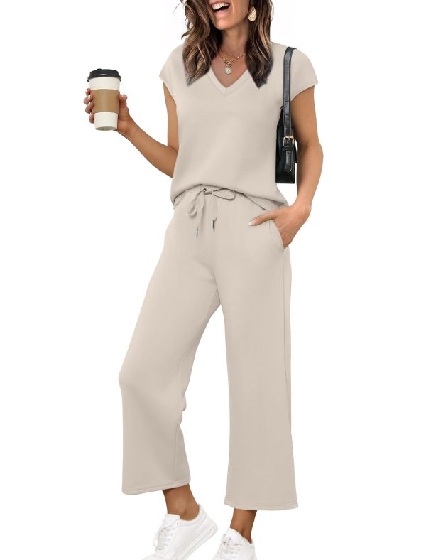 61SI2NEJQJL.jpg Two Piece Sets for Women Summer Outfits Lounge Sets V Neck Tops Wide Leg Pants Woman Vacation Travel Outfits