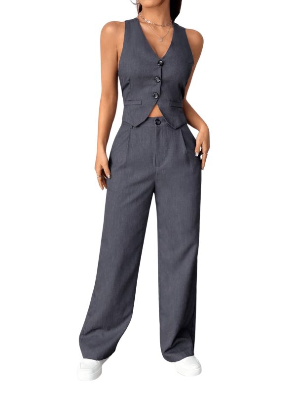 61SW0X0A51L.jpg Women's 2 Piece Solid Sleeveless V Neck Cross Back Button Down Blazer and Pants Business Office Suit Set