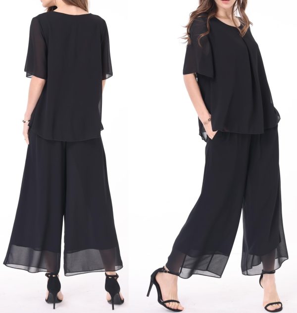 61SmfUf8msL.jpg Women's Chiffon Summer 2 Piece Outfits Suit Blouse Top Capri Wide Leg Dress Casual Business Pants Sets