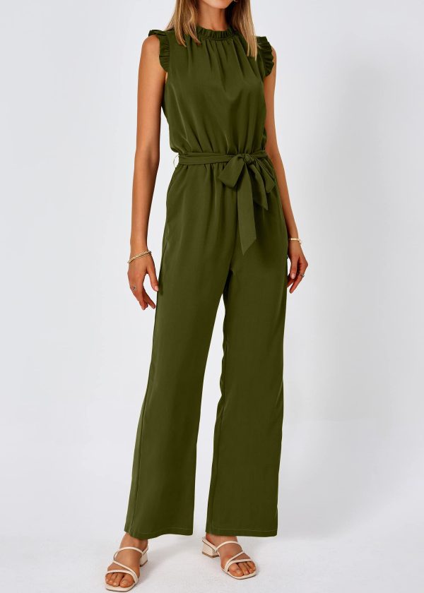 61TCX2-MubL.jpg Jumpsuits For Women Dressy Summer One Piece Sleeveless Ruffle Mock Neck Belt Pockets Formal Wide Leg Pants Romper