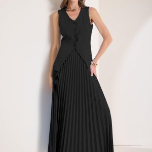 Women's 2 Piece Summer Outfits V Neck Sleeveless Button Vest Maxi Pleated Skirts Set