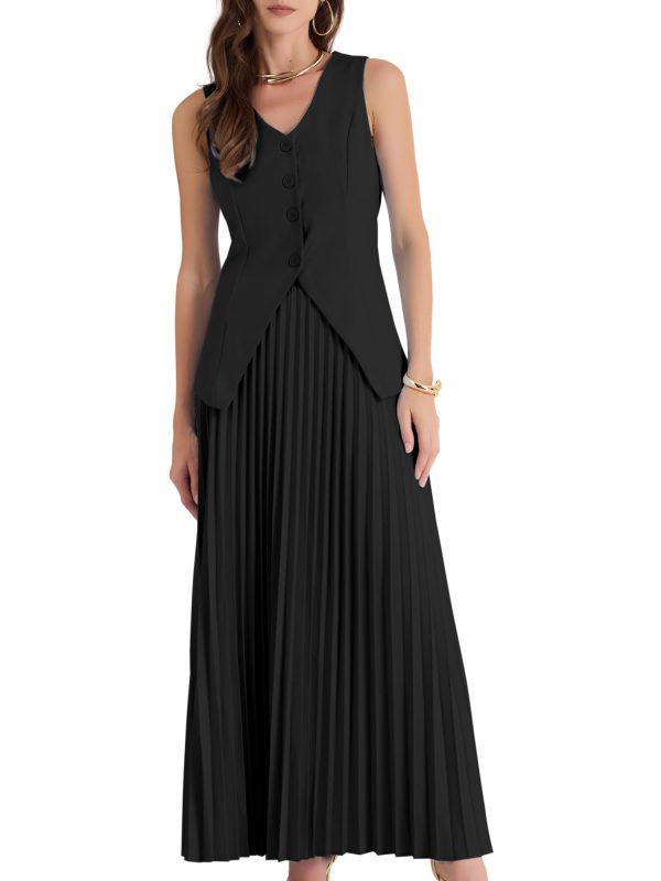 61ThOdu4QPL.jpg Women's 2 Piece Summer Outfits V Neck Sleeveless Button Vest Maxi Pleated Skirts Set