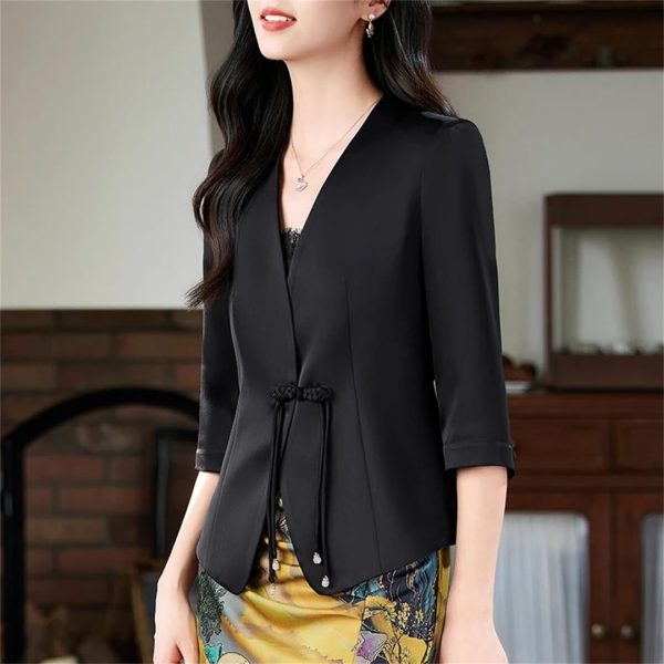61UC1x1cquL.jpg Women Satin Silk Suit Coat Half Sleeve Solid Single Button Blazer Elegant Office Outerweara Jacket