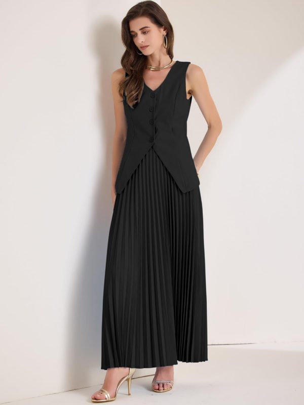 61UjFFQz2SL.jpg Women's 2 Piece Summer Outfits V Neck Sleeveless Button Vest Maxi Pleated Skirts Set