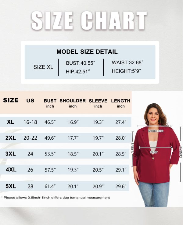 61V0vVYB9rL.jpg Womens Plus Size Blazer 3/4 Sleeve Notch Lapel Casual Work Blazers One Button Open Front Pockets Jackets (XL-5XL)