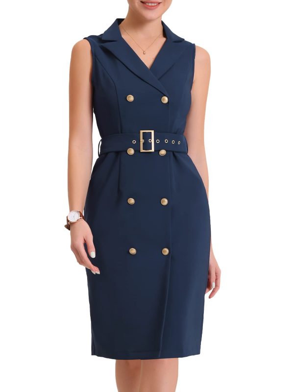 61WGq9YGPyL.jpg Women's Blazer Dresses Summer Sleeveless Notched Lapel Double Breasted Belted Work Office Dress