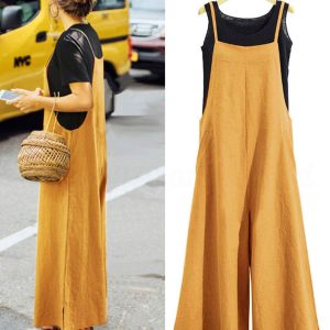 Women Casual Loose Long Bib Pants Wide Leg Jumpsuits Baggy Cotton Rompers Overalls with Pockets PZZTYP2