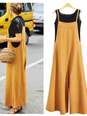 Women Casual Loose Long Bib Pants Wide Leg Jumpsuits Baggy Cotton Rompers Overalls with Pockets PZZTYP2