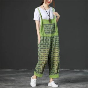 Women Vintage Printed Jumpsuits Loose Washed Denim Overalls Print Simple Rompers Pants