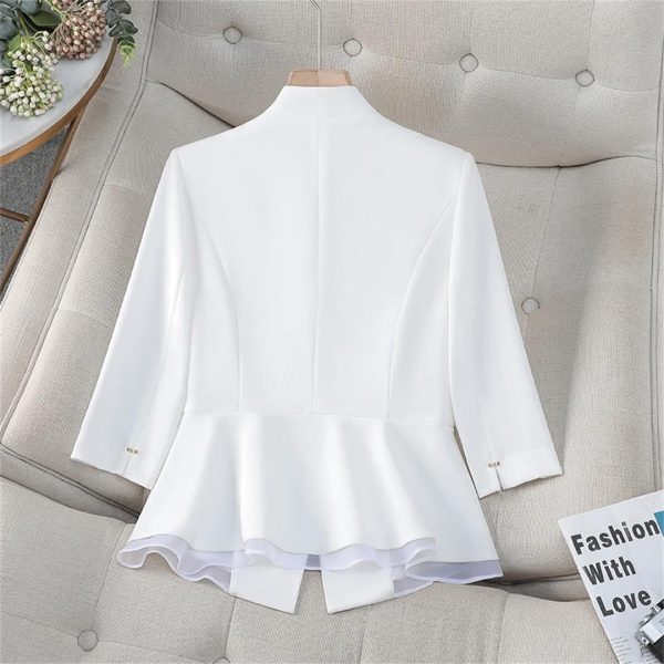 61X124PDBtL.jpg Women Elegant Black White Blazer Ruffle Slim Fit Half Sleeve Formal Office Top Work Jacket