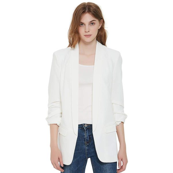 61X2ZVNNDzL.jpg Womens 3/4 Ruched Sleeve Blazer Jacket Lightweight Work Office Open Front Solid Coat, Black