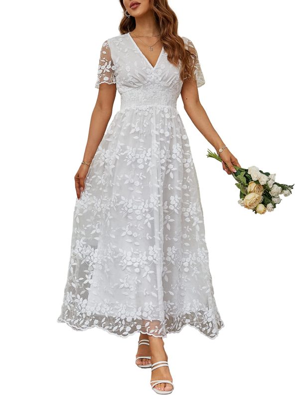 61XIohe8naL.jpg Women's V-Neck Lace Floral Long Dress Embroidery Cocktail Wedding Guest Boho Maxi Dress