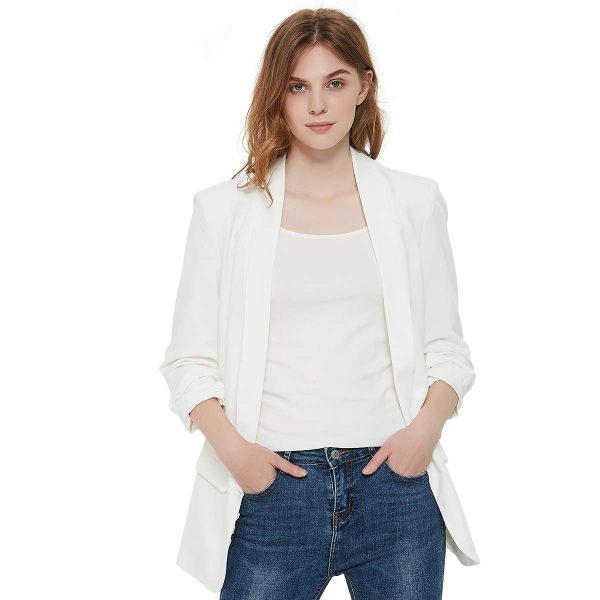 61XgaAV6DrL.jpg Womens 3/4 Ruched Sleeve Blazer Jacket Lightweight Work Office Open Front Solid Coat, Black