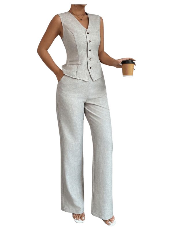 61Y2yIa8uL.jpg Women's 2 Piece Outfits V Neck Button Down Vest Tops and High Waisted Pants Set Office Work Suit