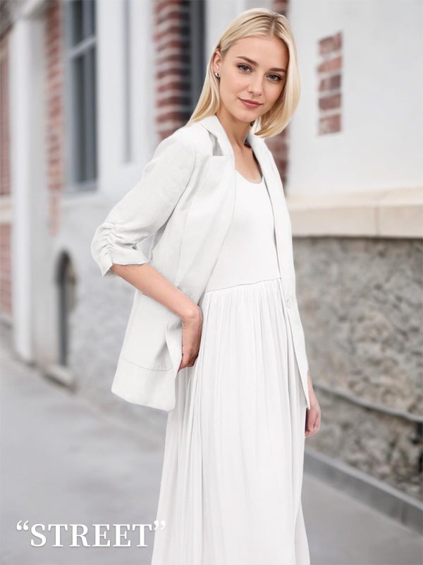 61YzyzvRueL.jpg 2025 Summer Linen Blazer Women Lightweight 3/4 Stretchy Ruched Sleeve Fully-Lined Casual Work Jacket with Pockets