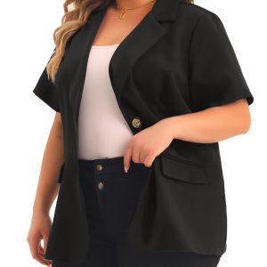 Plus Size Casual Blazers for Women Short Sleeve Notched Lapel Button Work Office Blazer Suit Jacket