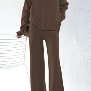 Women's 2 Piece Outfits Sweater Set Wide Leg Pants High Neck Sweatsuit Loungewear