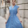 Womens Summer Casual Dress V Neck Cap Sleeve Zipper Front Flowy Midi Dress with Pockets