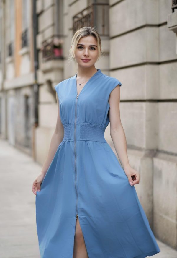 61ZsbRpzpTL.jpg Womens Summer Casual Dress V Neck Cap Sleeve Zipper Front Flowy Midi Dress with Pockets