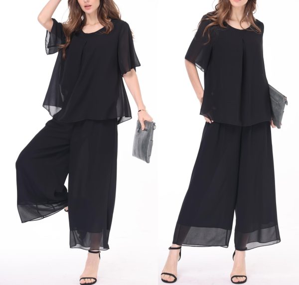 61bkNvms8TL.jpg Women's Chiffon Summer 2 Piece Outfits Suit Blouse Top Capri Wide Leg Dress Casual Business Pants Sets