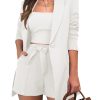 Women Sexy Bussiness Outfits 3 Piece Open Front Button Blazers + Crop Tops + Belted Shorts Set Jumpsuits