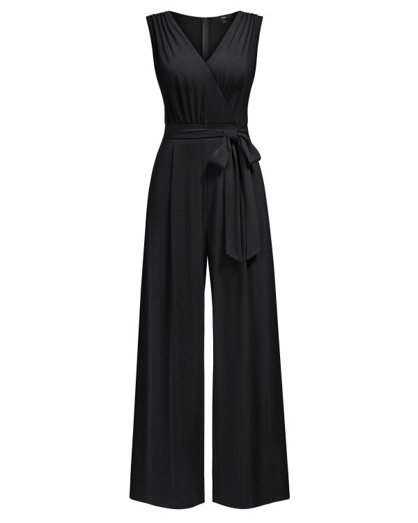 61dLrowFbL.jpg Women's Sleeveless Deep V Neck Ruched Wide Leg Jumpsuit Long Romper Belt with Pockets