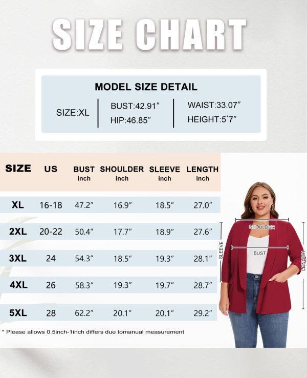 61eaxgGC99L.jpg Plus Size Blazers for Women Casual Work Office 3/4 Sleeve Open Front Cardigan Suit Jacket Blazer with Pockets
