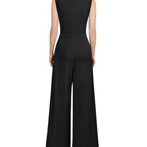 Women's Sleeveless Deep V Neck Ruched Wide Leg Jumpsuit Long Romper Belt with Pockets