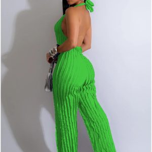 Summer Sexy Halter Jumpsuits for Women V Neck Tie Knot Pleated Boho One Piece Wide Leg Long Pants Jumpsuit Romper