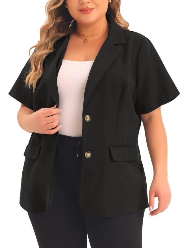 61hAcqE8ZaL.jpg Plus Size Casual Blazers for Women Short Sleeve Notched Lapel Button Work Office Blazer Suit Jacket