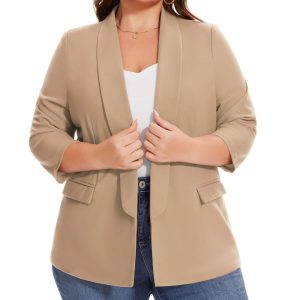Plus Size Blazers for Women Casual Work Office 3/4 Sleeve Open Front Cardigan Suit Jacket Blazer with Pockets