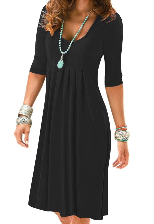 61hBqZzsmL.jpg Womens Summer Casual Half Sleeve Empire Waist Loose Swing Pleated Modest Work Tunic T Shirt Dresses