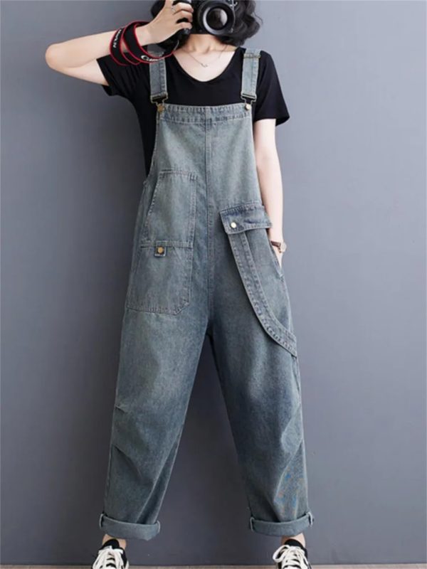 61hSKmSGexL.jpg Womens Blue Vintage Big Pockets Streetwear Overalls Long Jumpsuit Loose Rompers Denim Jumpsuits